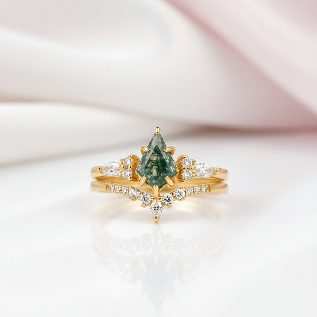 Kite Shaped Green Moss Agate Engagement Ring Set-Black Diamonds New York