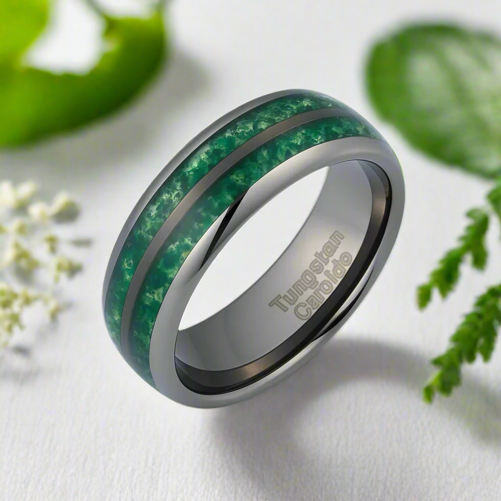 Moss Agate Gunmetal Tungsten Carbide Ring Band-Black Diamonds New York