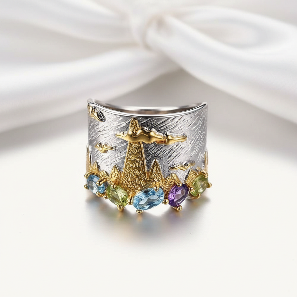 Mountain and Sky Mixed Gemstone Ring-Black Diamonds New York