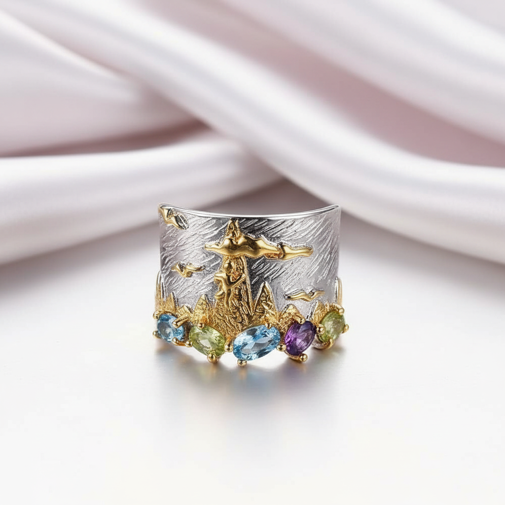 Mountain and Sky Mixed Gemstone Ring-Black Diamonds New York