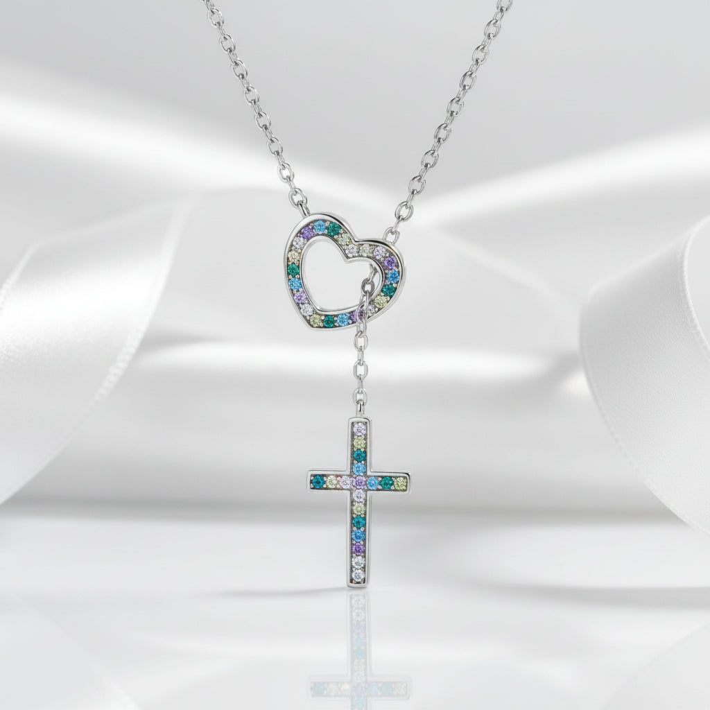 Multi Color Diamond Heart & Cross Pendant Necklace-Black Diamonds New York