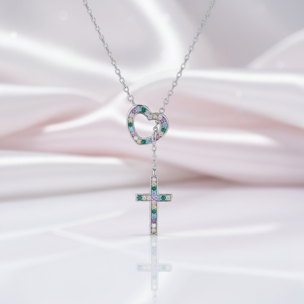 Multi Color Diamond Option Heart & Cross Pendant Necklace-Black Diamonds New York