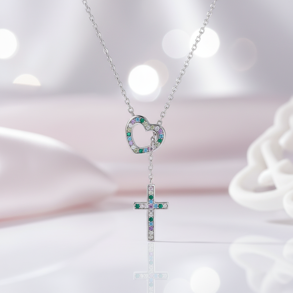 Multi Color Diamond Heart & Cross Pendant Necklace-Black Diamonds New York