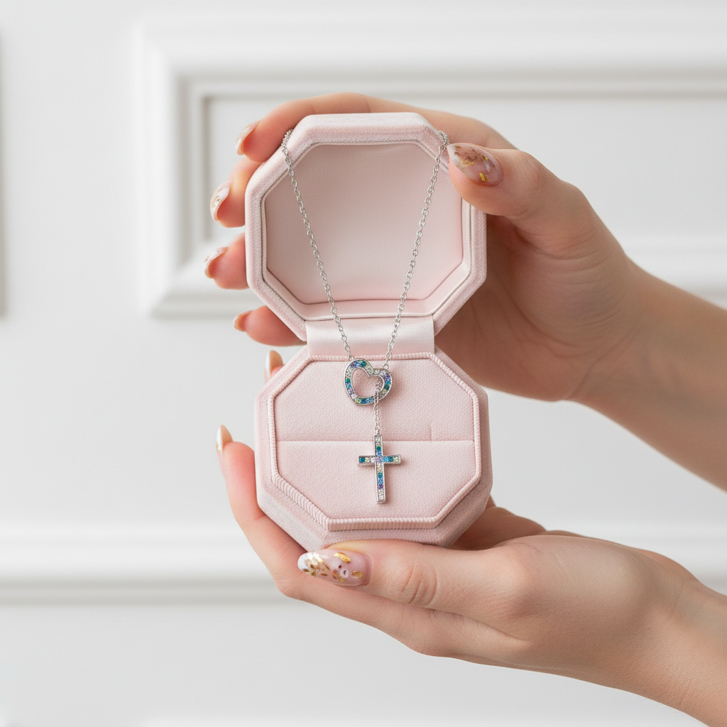 Multi Color Diamond Heart & Cross Pendant Necklace-Black Diamonds New York