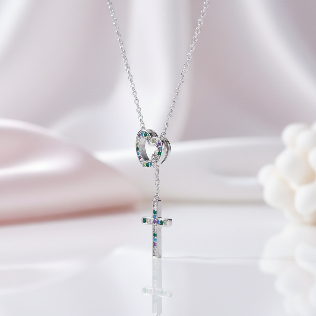 Multi Color Diamond Option Heart & Cross Pendant Necklace-Black Diamonds New York