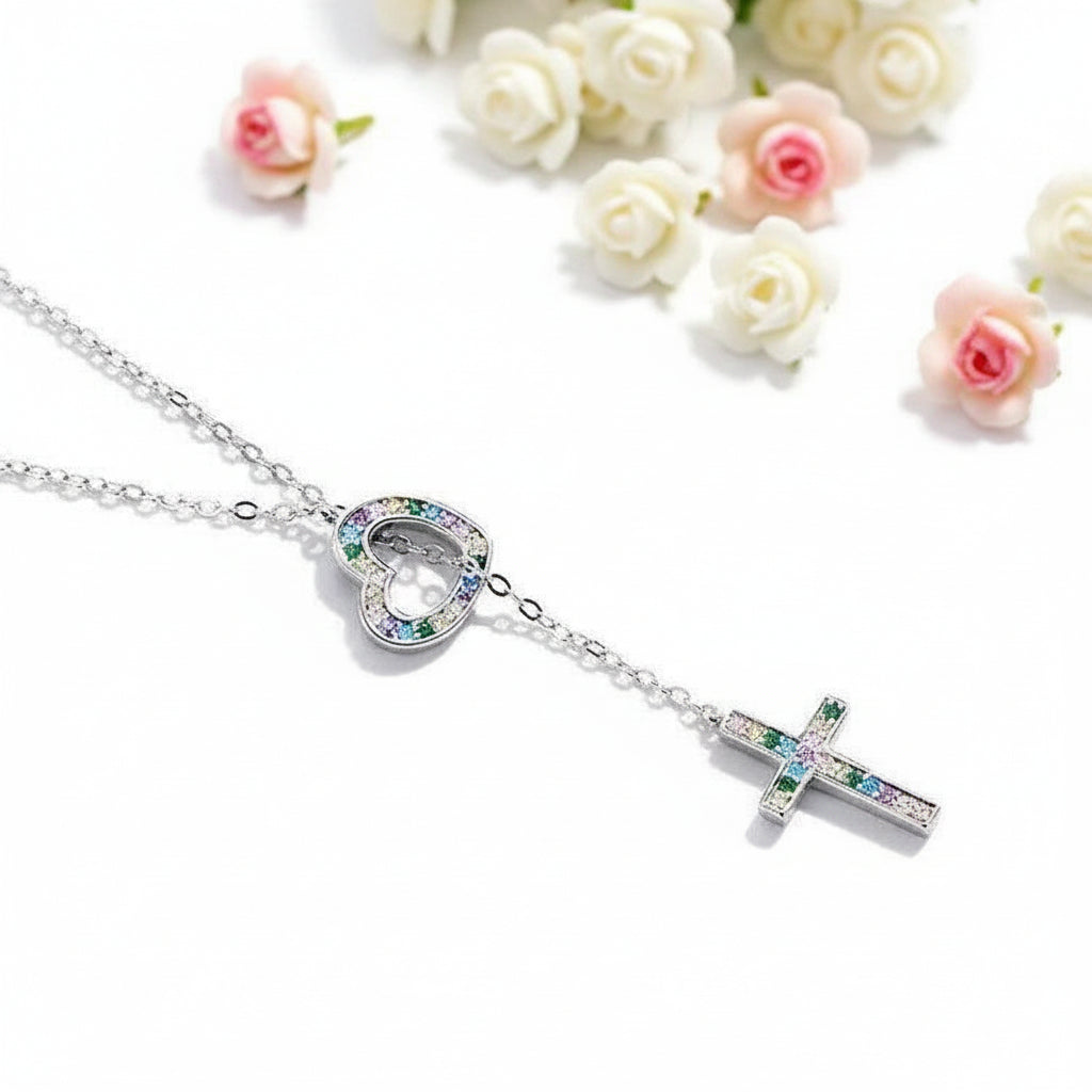 Multi Color Diamond Heart & Cross Pendant Necklace-Black Diamonds New York