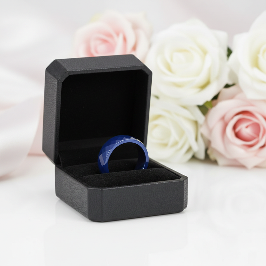 Multi-faceted Blue Ceramic Wedding Band-Black Diamonds New York