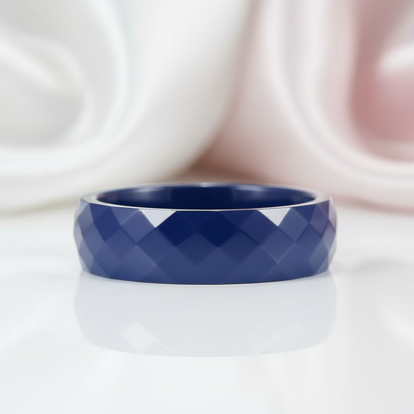 Multi-faceted Blue Ceramic Wedding Band-Black Diamonds New York