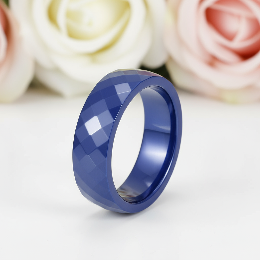 Multi-faceted Blue Ceramic Wedding Band-Black Diamonds New York