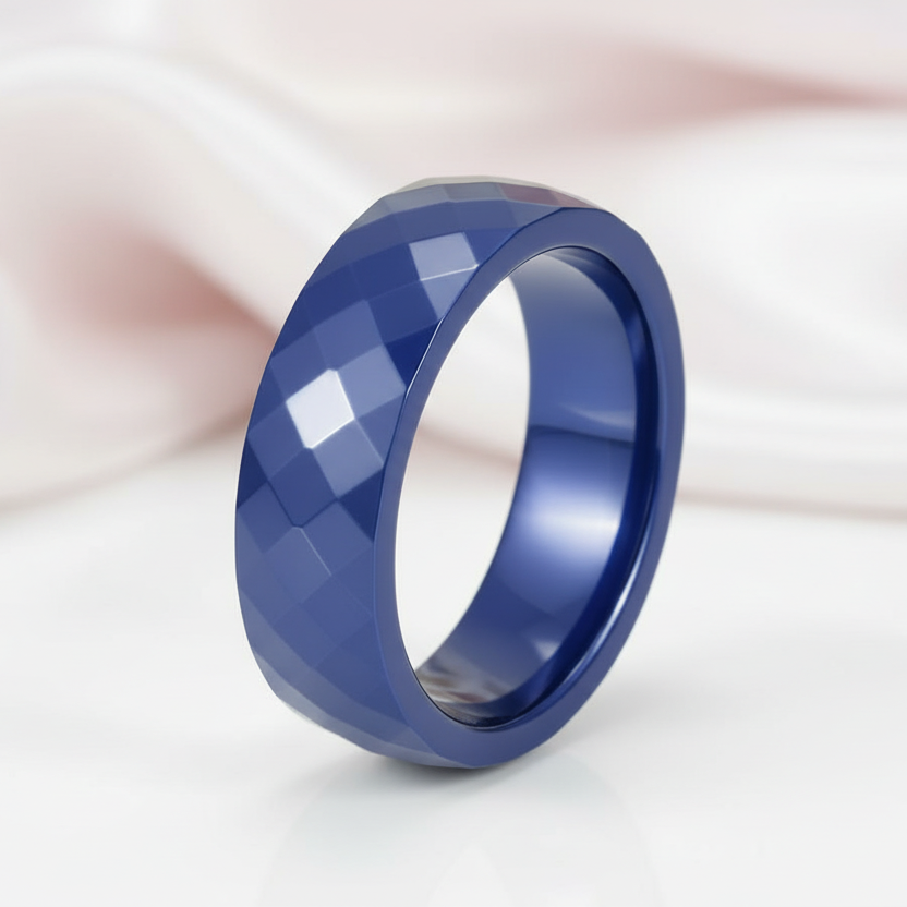 Multi-faceted Blue Ceramic Wedding Band-Black Diamonds New York
