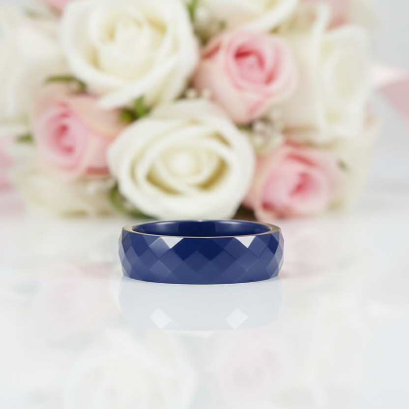 Multi-faceted Blue Ceramic Wedding Band-Black Diamonds New York