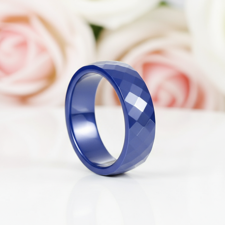 Multi-faceted Blue Ceramic Wedding Band-Black Diamonds New York