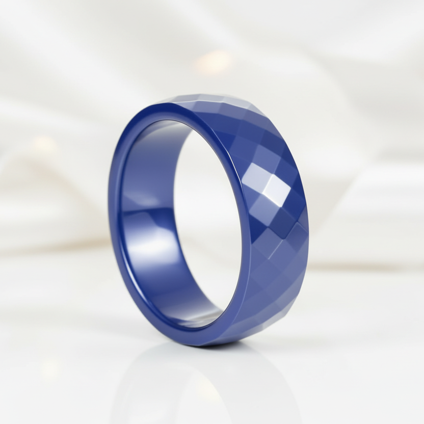 Multi-faceted Blue Ceramic Wedding Band-Black Diamonds New York