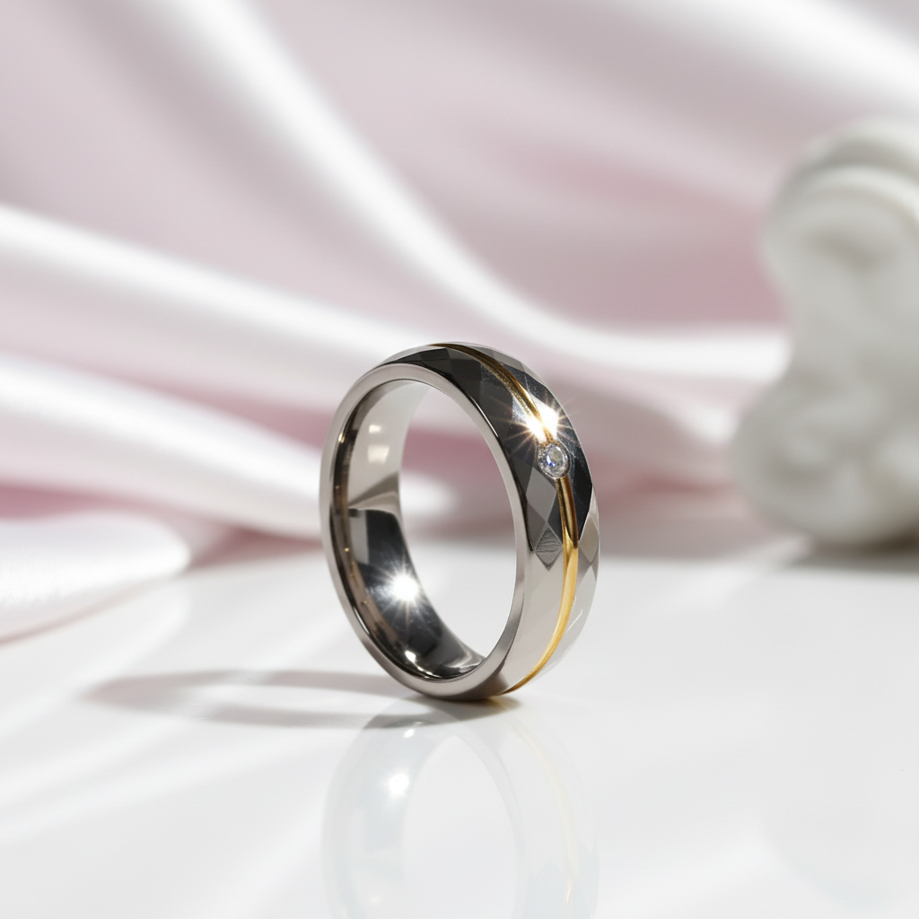 Multi-faceted Tungsten Carbide Wedding Ring Band with Diamond Option-Black Diamonds New York