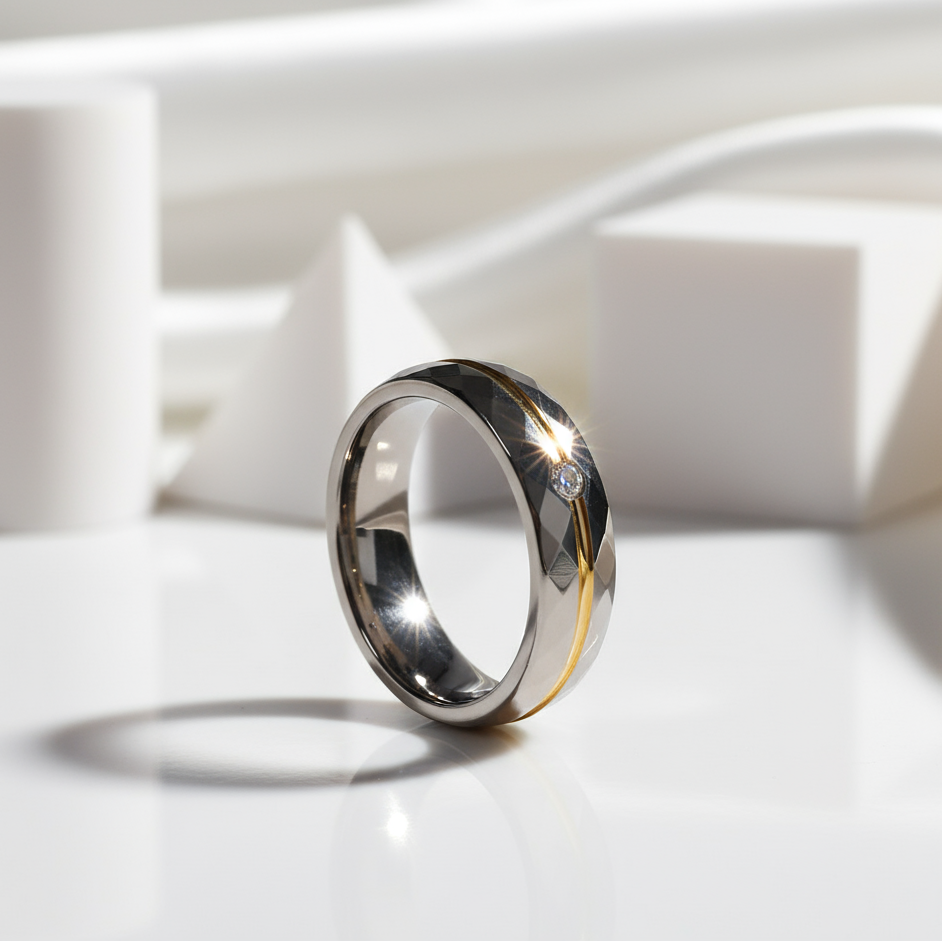 Multi-faceted Tungsten Carbide Wedding Ring Band with Diamond-Black Diamonds New York