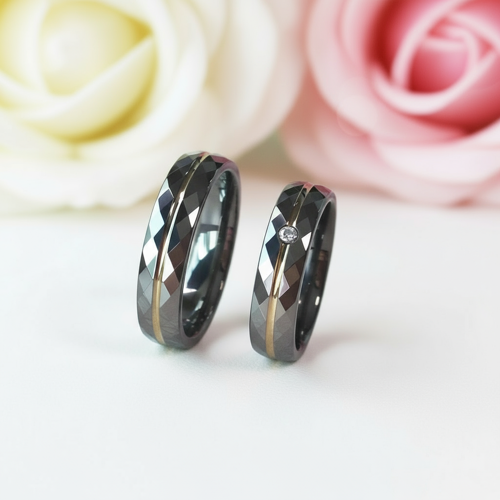 Multi-faceted Tungsten Carbide Wedding Ring Band with Diamond-Black Diamonds New York