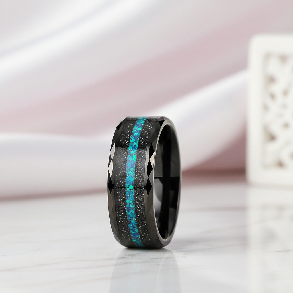 Multi-Faceted Tungsten Wedding Band with Sand and Opal Inlay-Black Diamonds New York