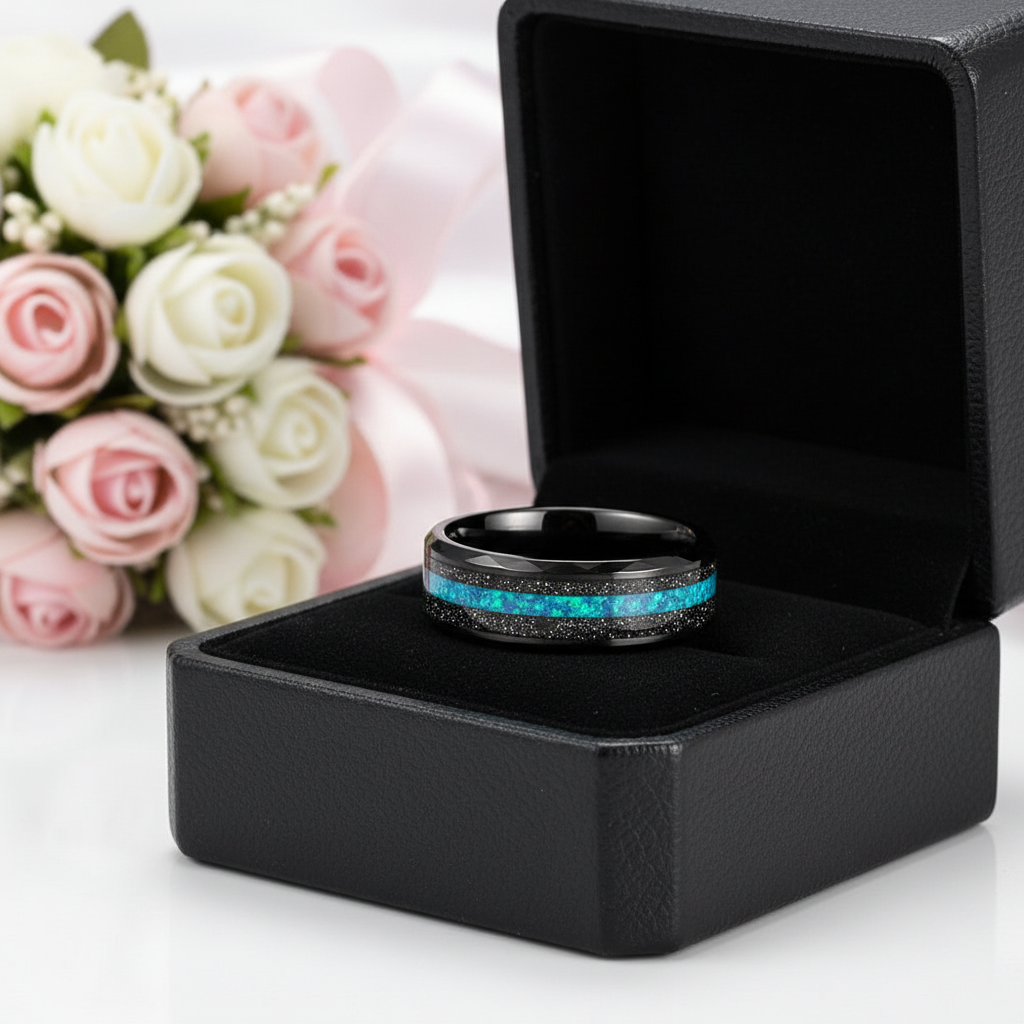 Multi-Faceted Tungsten Wedding Band with Sand and Opal Inlay-Black Diamonds New York