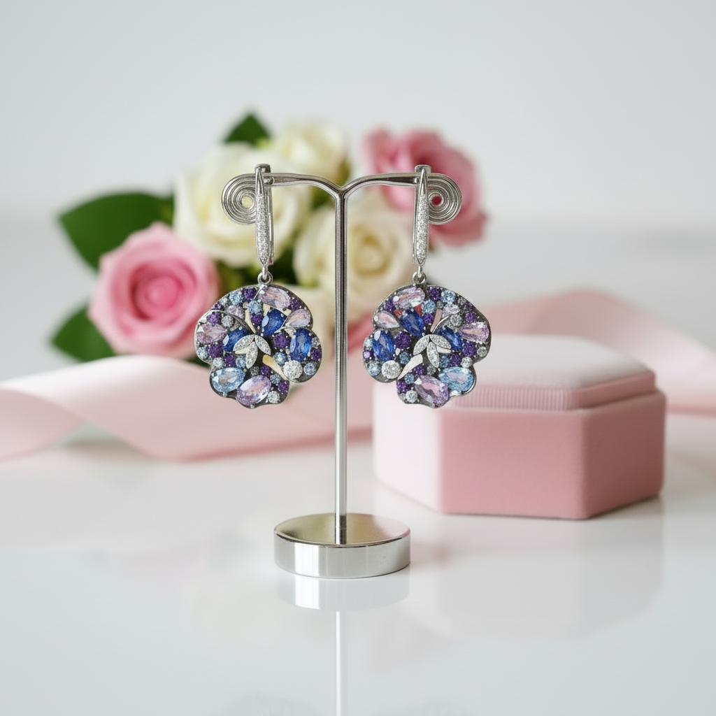 Multi-Gems Orchid Flower Drop Earrings-Black Diamonds New York