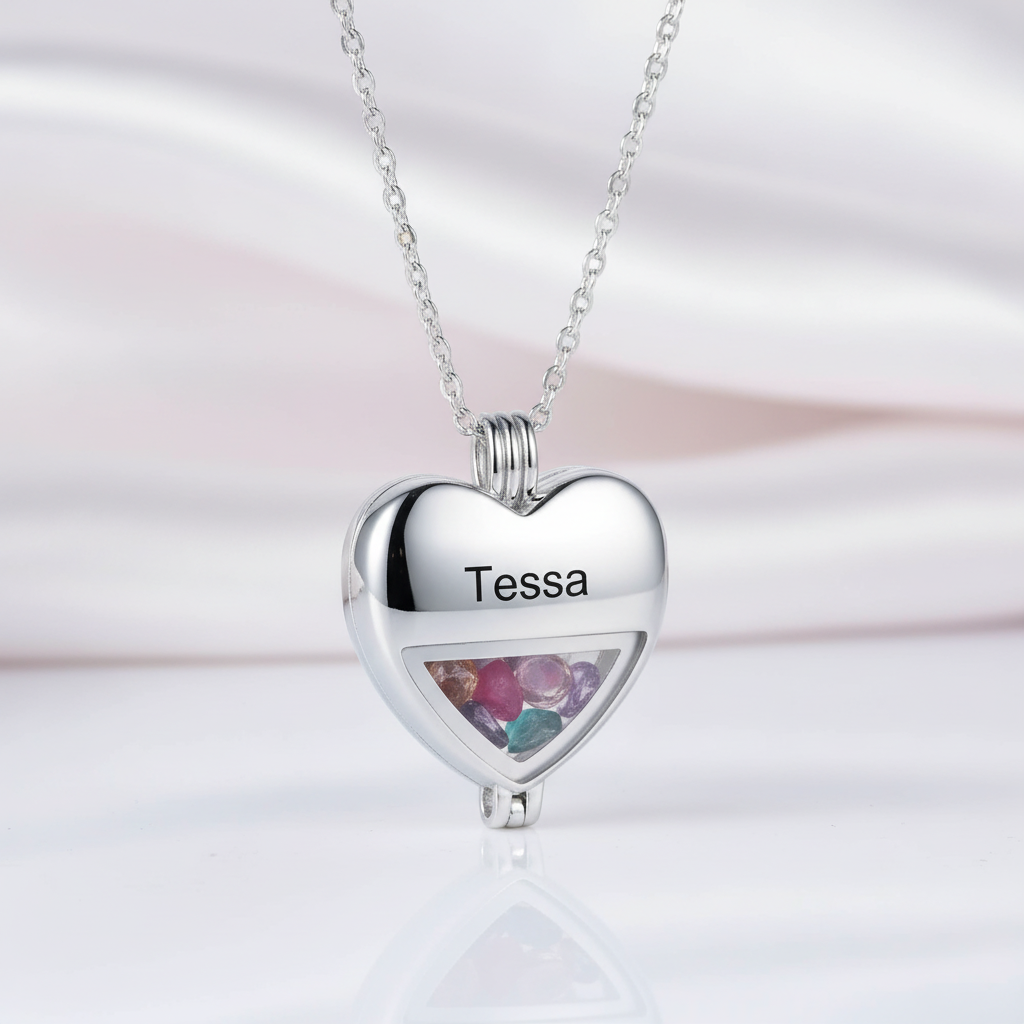 Multiple Birthstone Heart Locket Custom Name Necklace-Black Diamonds New York