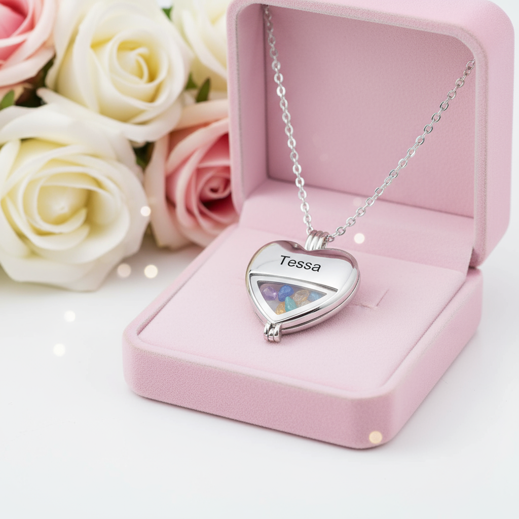 Multiple Birthstone Heart Locket Custom Name Necklace-Black Diamonds New York