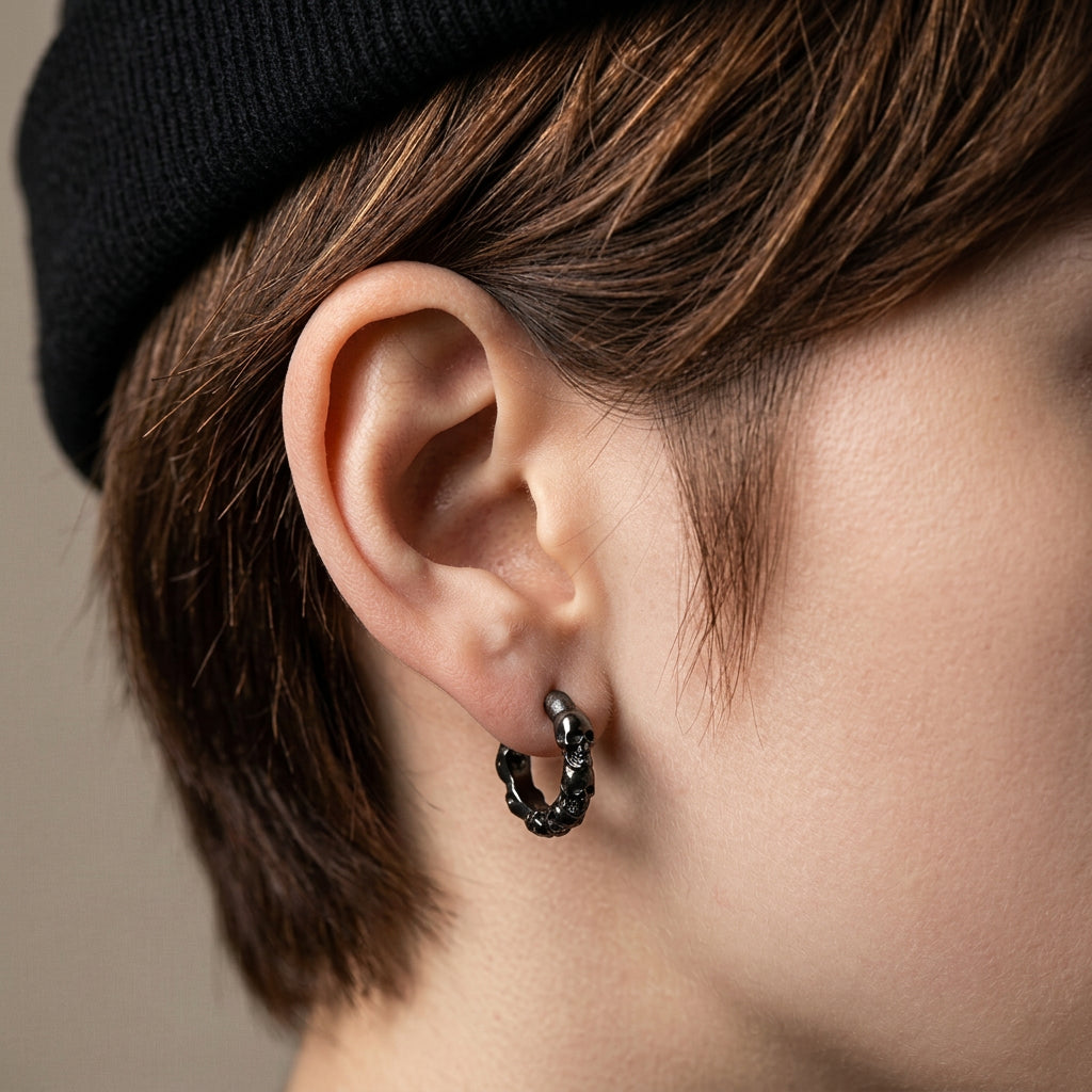 Multiple Skull Gothic Unisex Hoop Earrings-Black Diamonds New York