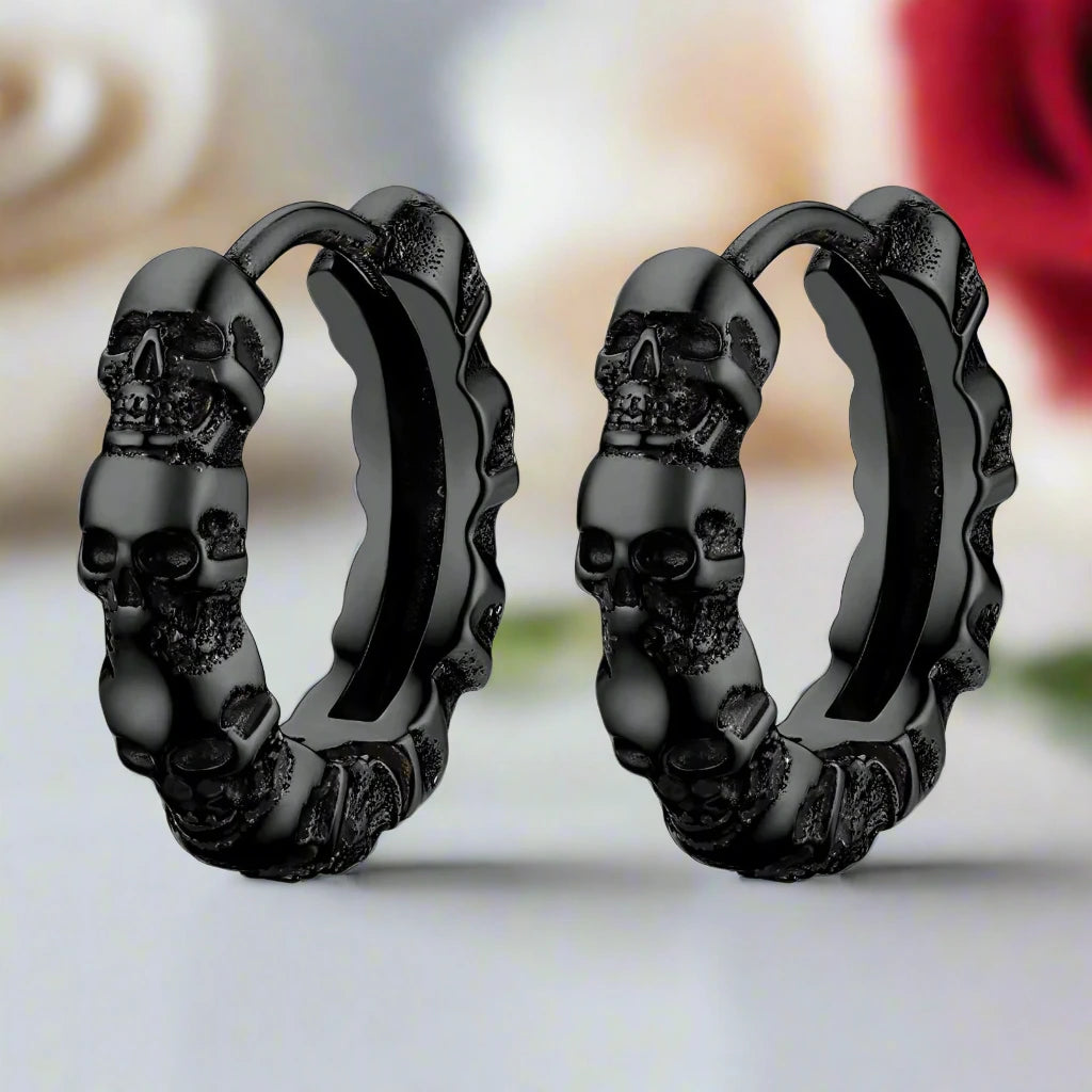 Multiple Skull Gothic Unisex Hoop Earrings-Black Diamonds New York