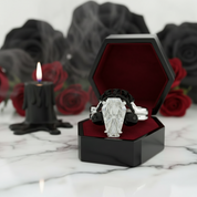 My Ever After Ring with Coffin Cut Diamond with Skulls, Bat and Roses Promise Ring-Black Diamonds New York