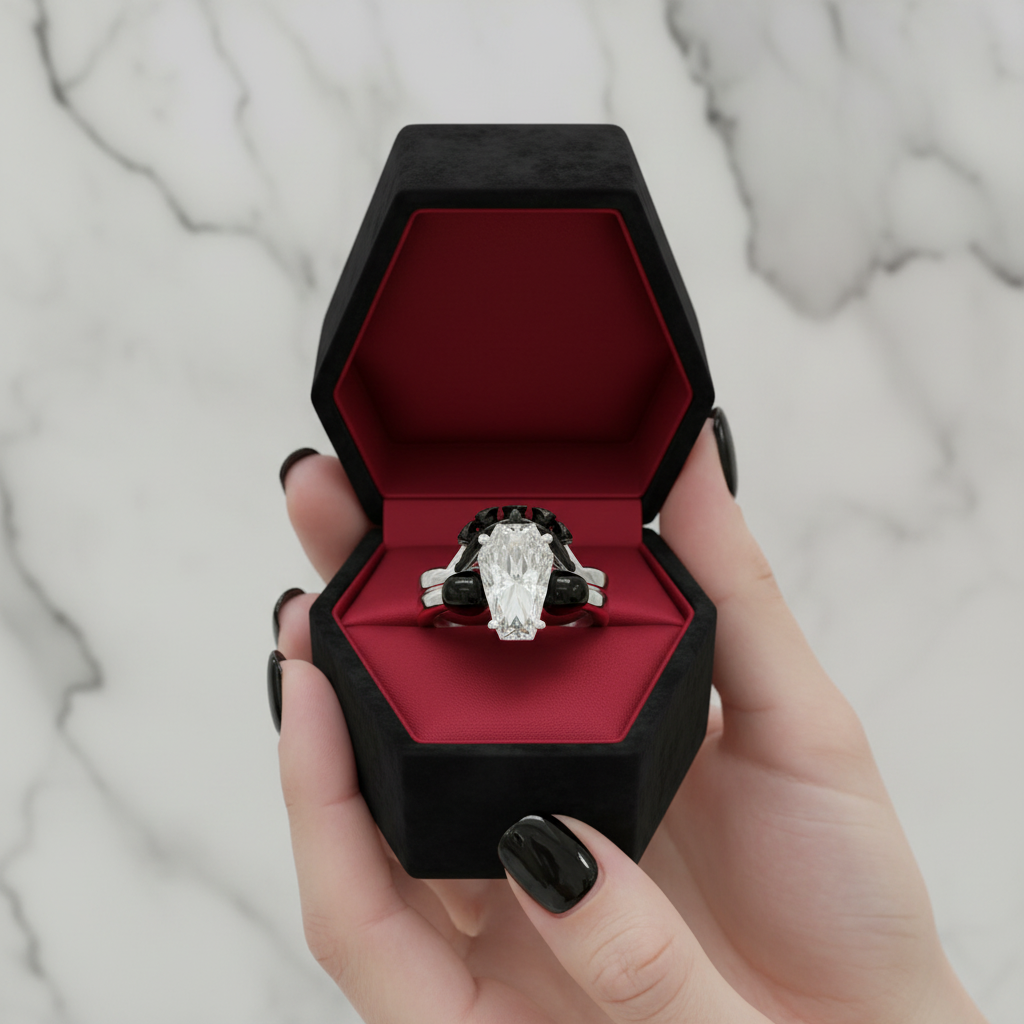 My Ever After Ring with Coffin Cut Diamond Option with Skulls, Bat and Roses Promise Ring-Black Diamonds New York