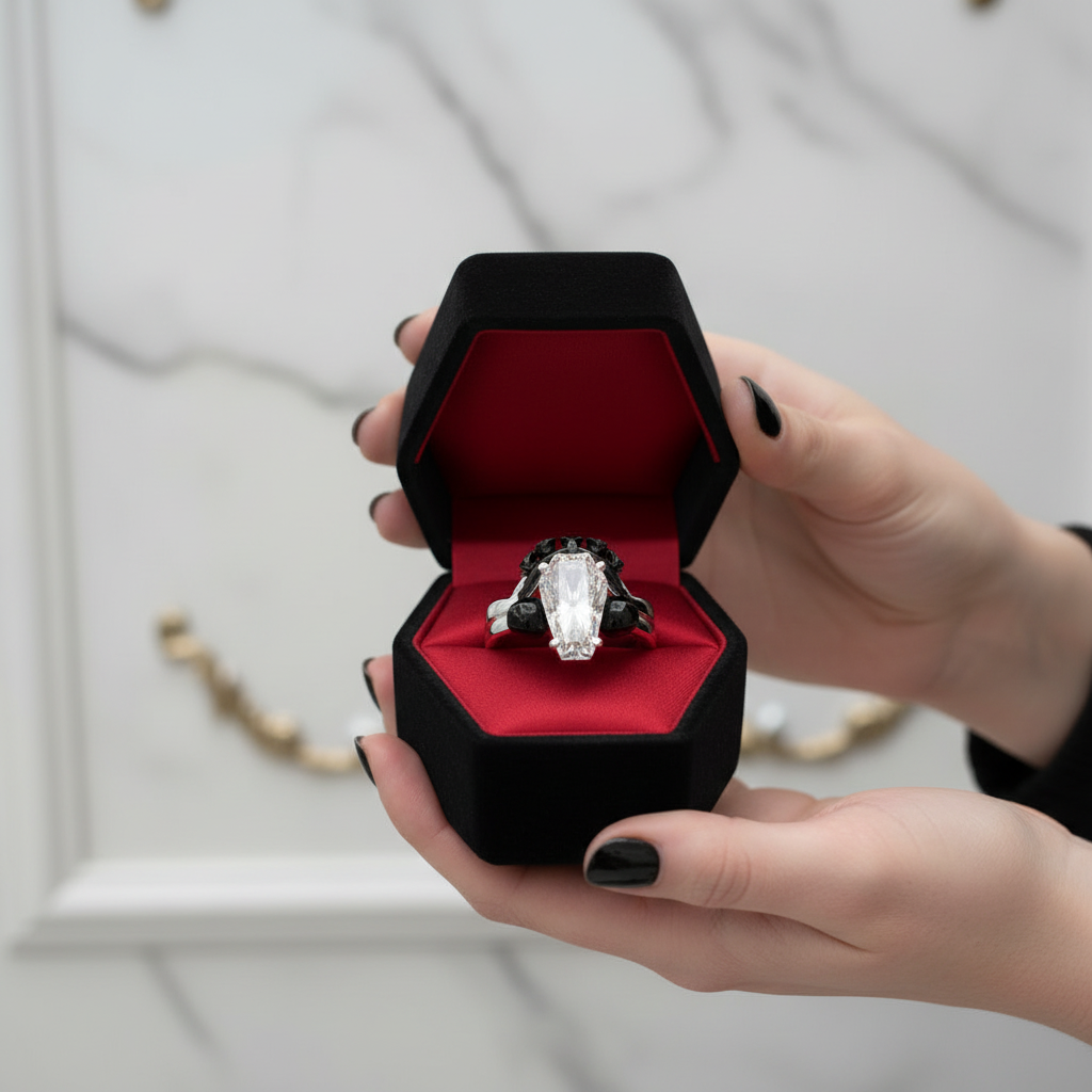 My Ever After Ring - Coffin Cut Diamond Option with Skulls, Bat and Roses Promise Ring-Black Diamonds New York