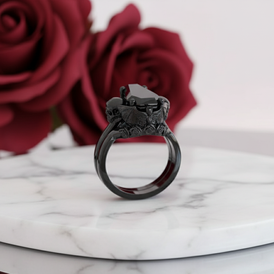 My Ever After Ring - Coffin Cut Diamond with Skulls, Bat and Roses Promise Ring-Black Diamonds New York