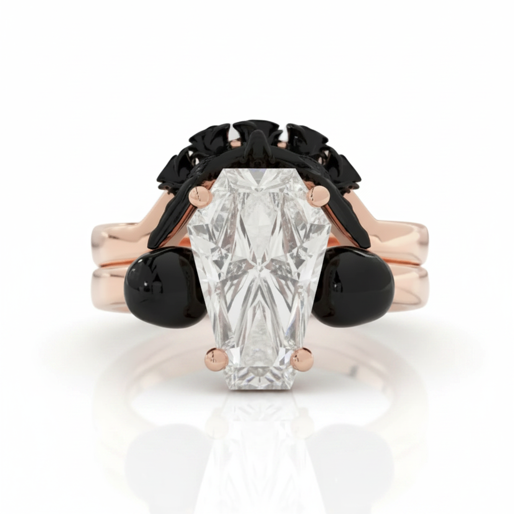 My Ever After Ring - Coffin Cut Diamond Option with Skulls, Bat and Roses Promise Ring-Black Diamonds New York