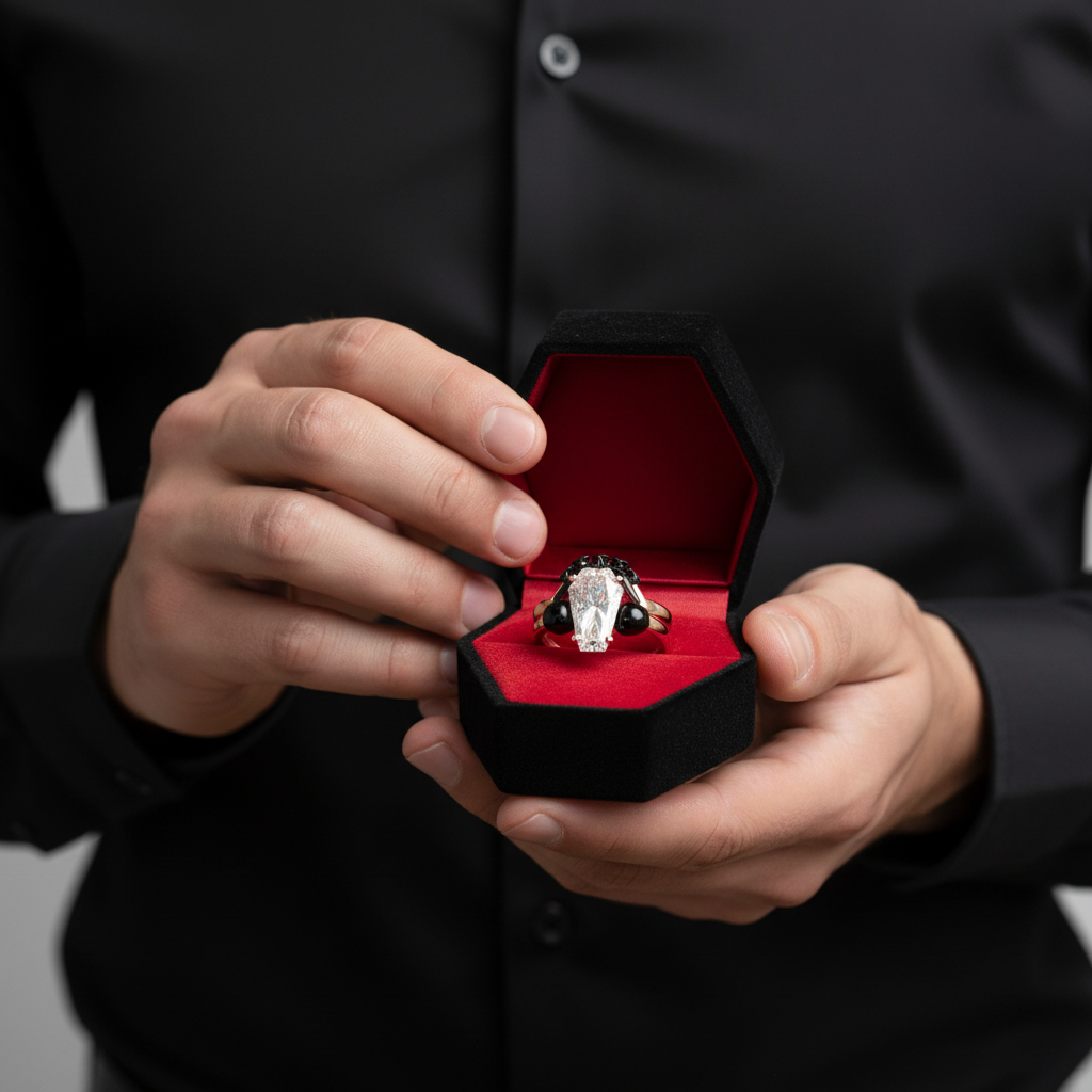 My Ever After Ring - Coffin Cut Diamond Option with Skulls, Bat and Roses Promise Ring-Black Diamonds New York