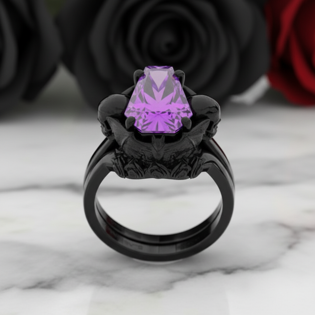 My Ever After Ring - Coffin Cut Diamond Option with Skulls, Bat and Roses Promise Ring-Black Diamonds New York