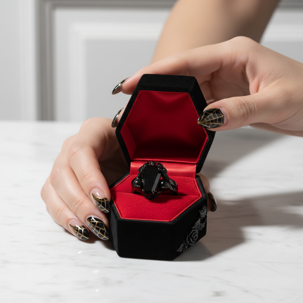 My Ever After Ring - Coffin Cut Diamond with Skulls, Bat and Roses Promise Ring-Black Diamonds New York