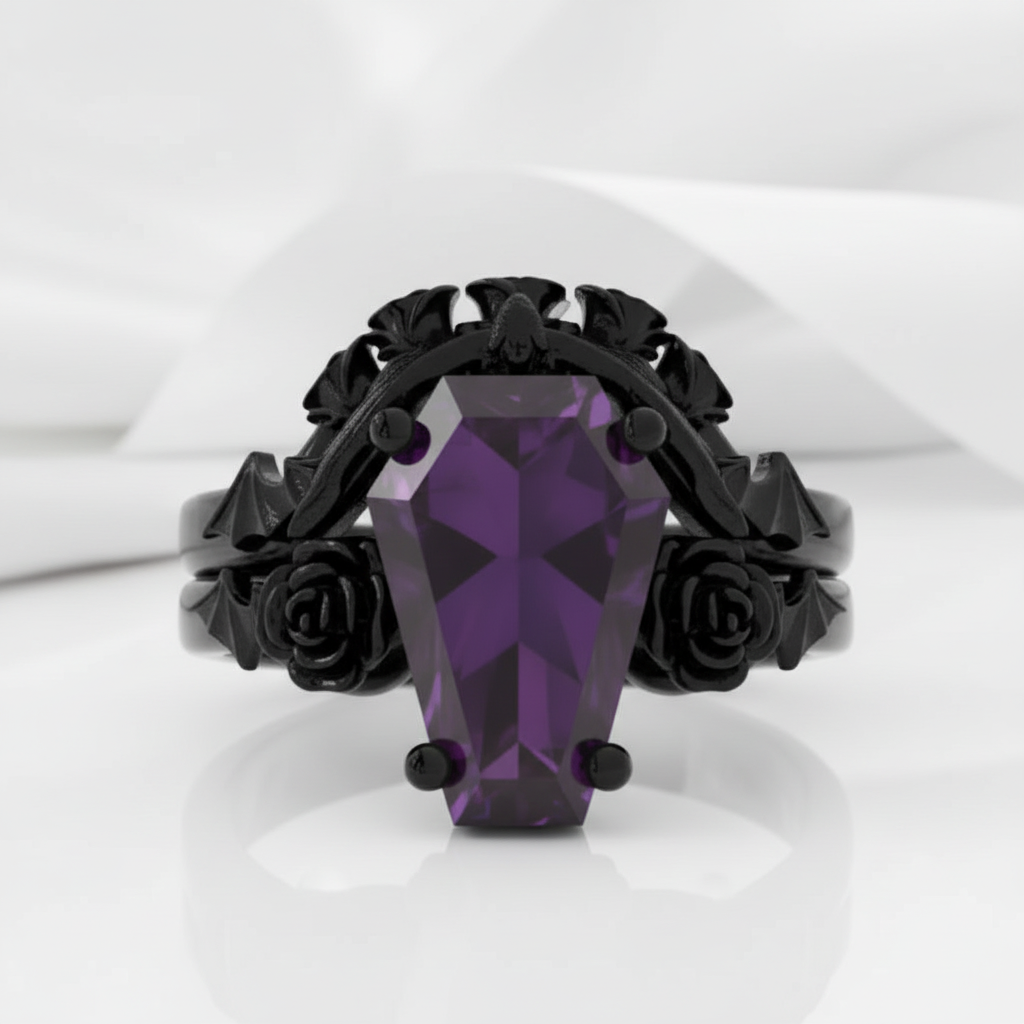 My Ever After Ring - Coffin Cut Diamond Option with Skulls, Bat and Roses Promise Ring-Black Diamonds New York