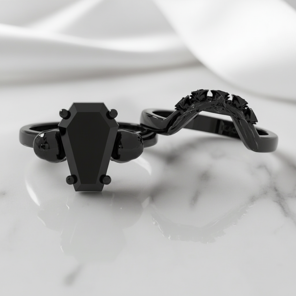My Ever After Ring - Coffin Cut Diamond with Skulls, Bat and Roses Promise Ring-Black Diamonds New York