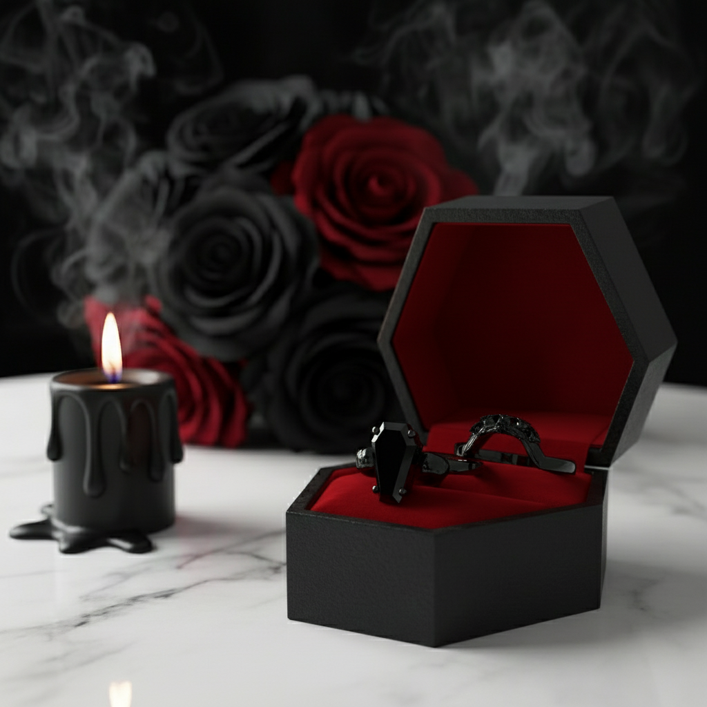 My Ever After Ring - Coffin Cut Diamond with Skulls, Bat and Roses Promise Ring-Black Diamonds New York