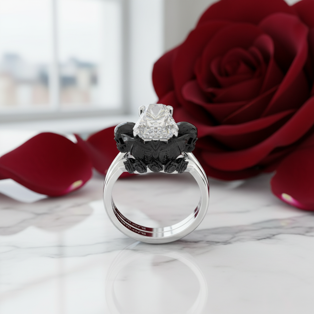 My Ever After Ring - Coffin Cut Diamond with Skulls, Bat and Roses Promise Ring-Black Diamonds New York