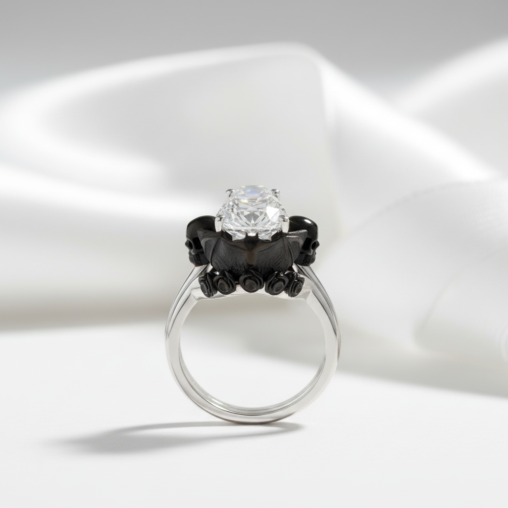 My Ever After Ring with Coffin Cut Diamond Option with Skulls, Bat and Roses Promise Ring-Black Diamonds New York