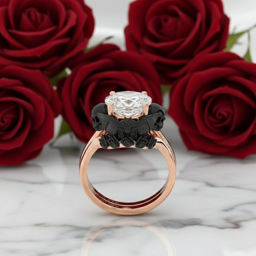 My Ever After Ring - Coffin Cut Diamond with Skulls, Bat and Roses Promise Ring-Black Diamonds New York