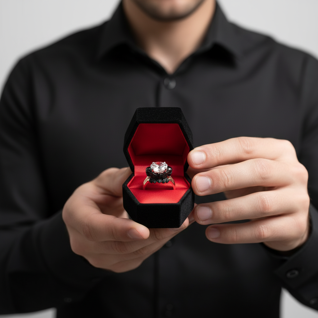 My Ever After Ring - Coffin Cut Diamond with Skulls, Bat and Roses Promise Ring-Black Diamonds New York