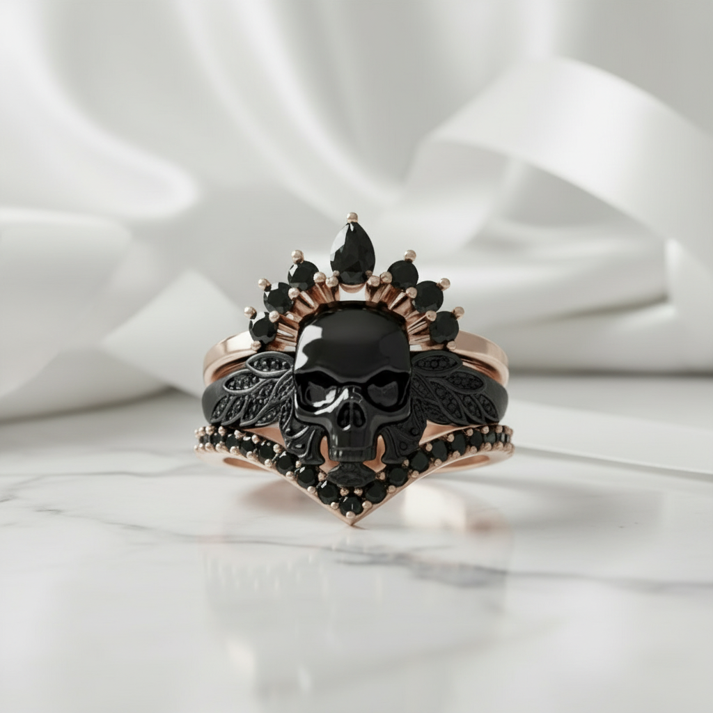 My Queen- 3pc Rose Gold Black Diamond Gothic Ring-Black Diamonds New York
