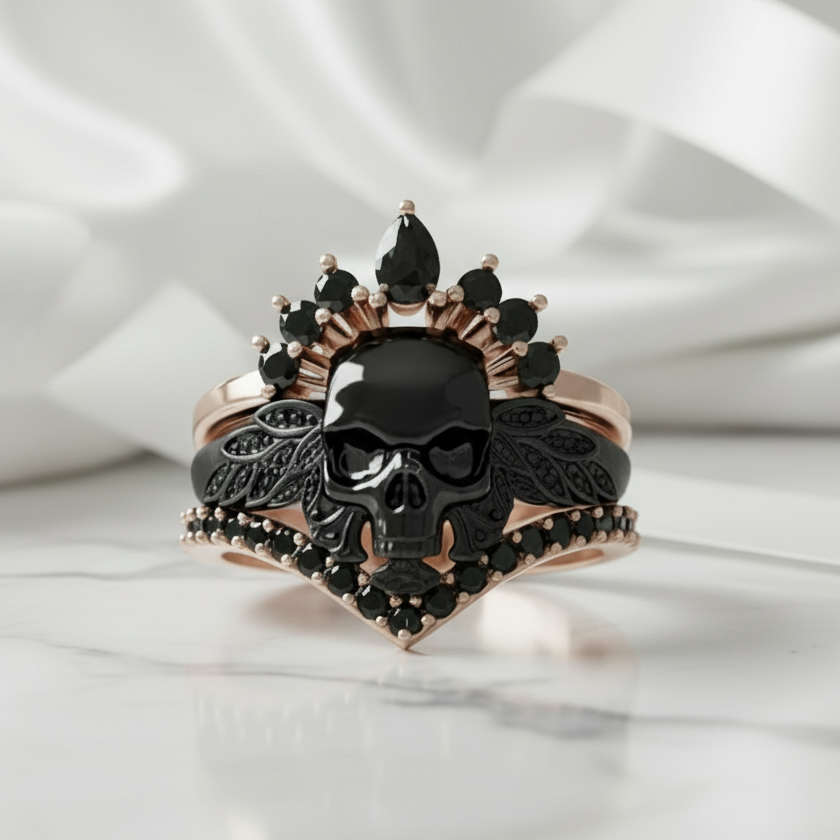My Queen- 3pc Rose Gold Black Diamond Option Gothic Ring-Black Diamonds New York