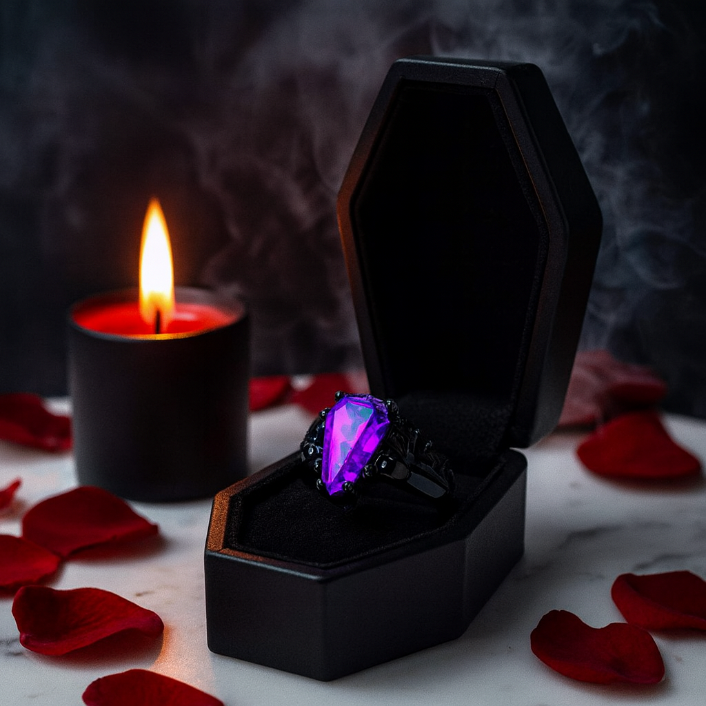 My Ever After Ring - Coffin Cut Diamond Option with Skulls, Bat and Roses Promise Ring-Black Diamonds New York