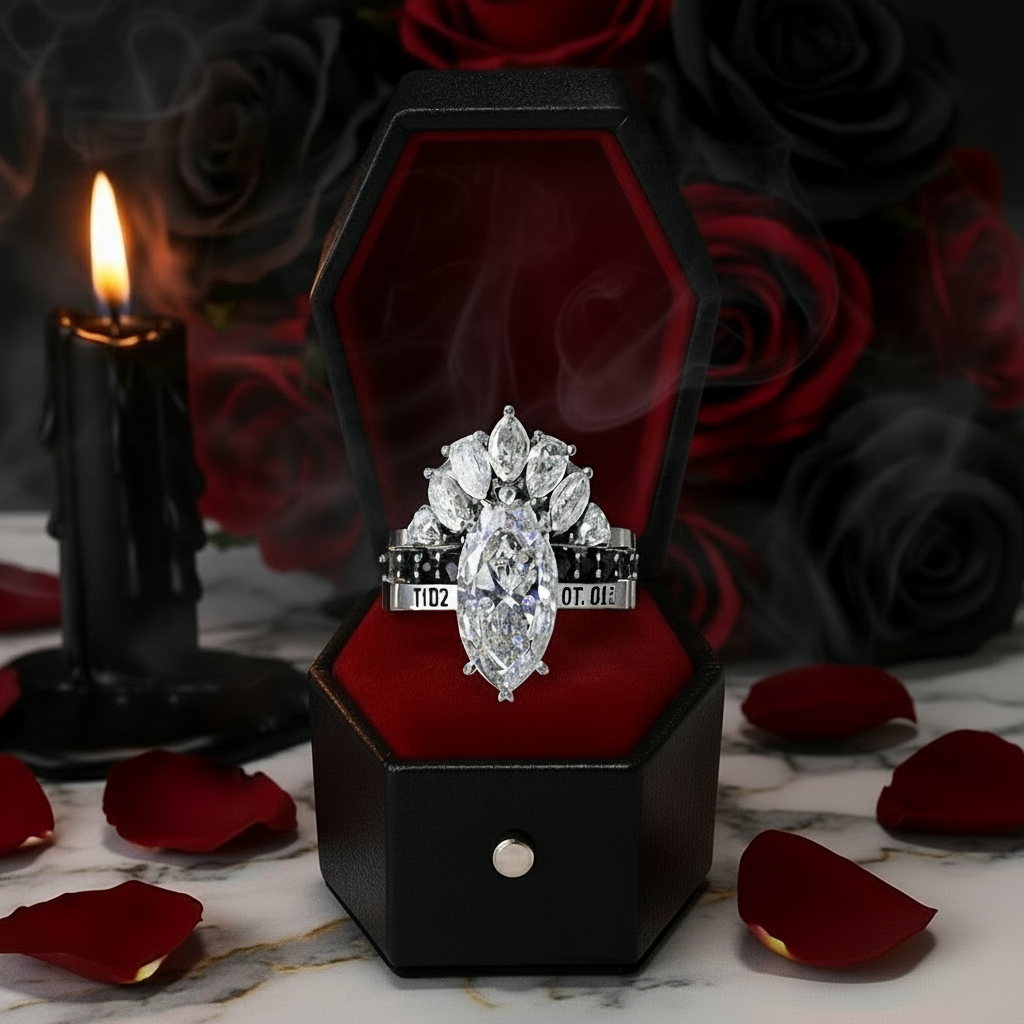 Ride or Die Wedding Rings- 2.5 Ct Marquise Cut Diamond Gothic Bridal Set in 14k White Gold-Black Diamonds New York