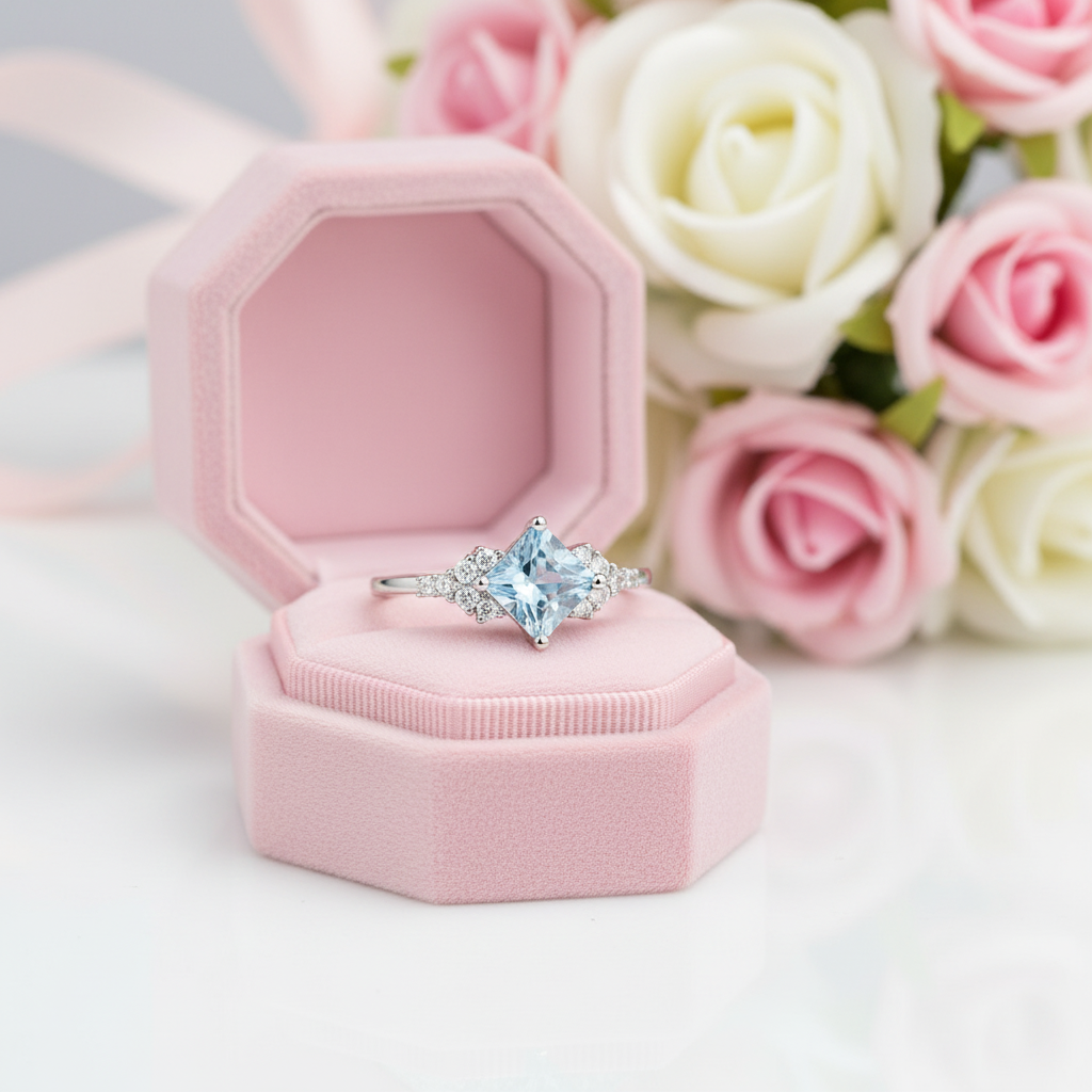 Nano Sky Blue Topaz Stone Engagement Ring-Black Diamonds New York