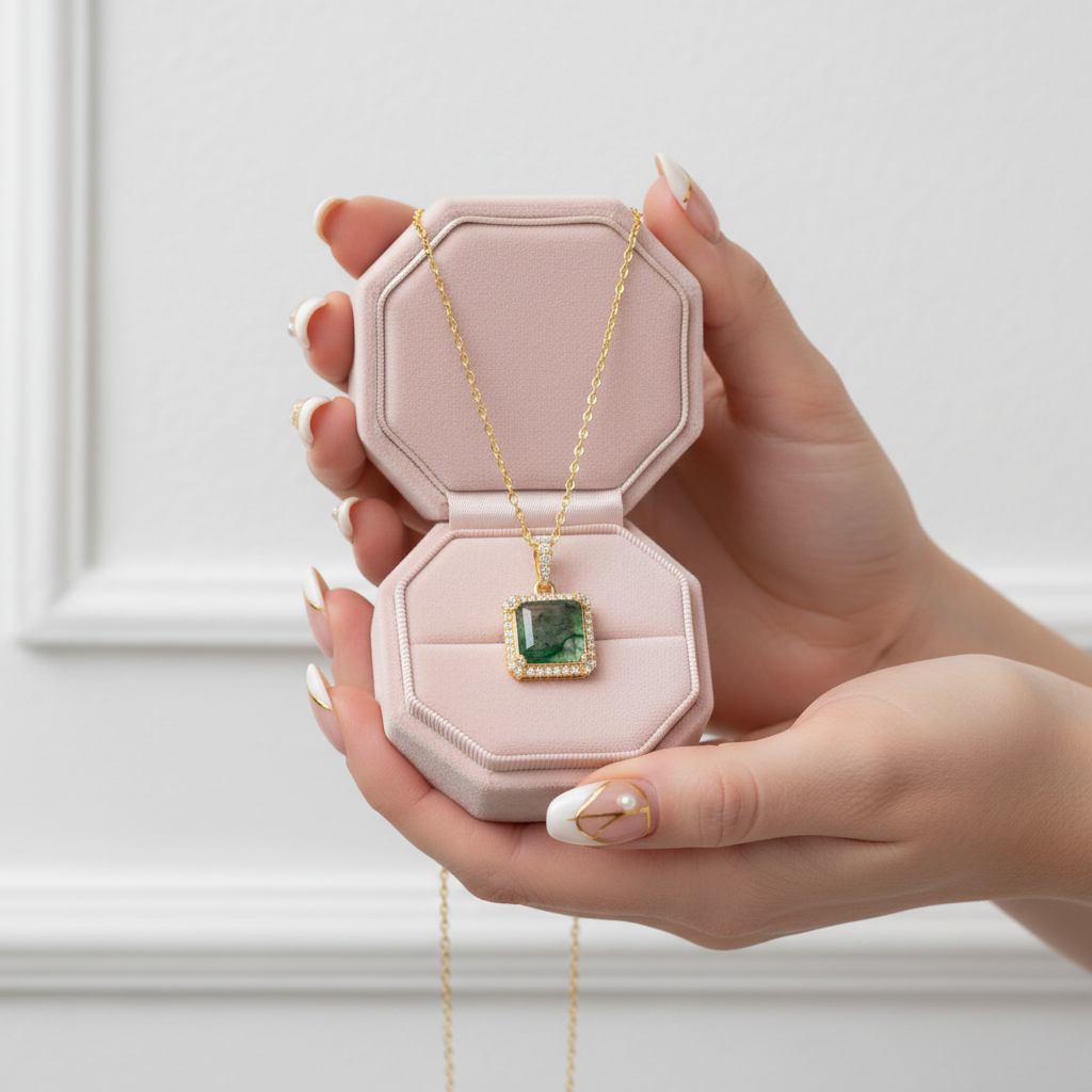 Natural 9*9mm Green Moss Agate Necklace