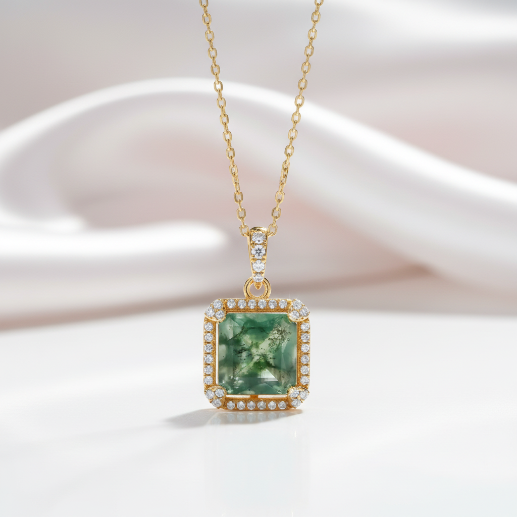 Natural 9*9mm Green Moss Agate Necklace-Black Diamonds New York