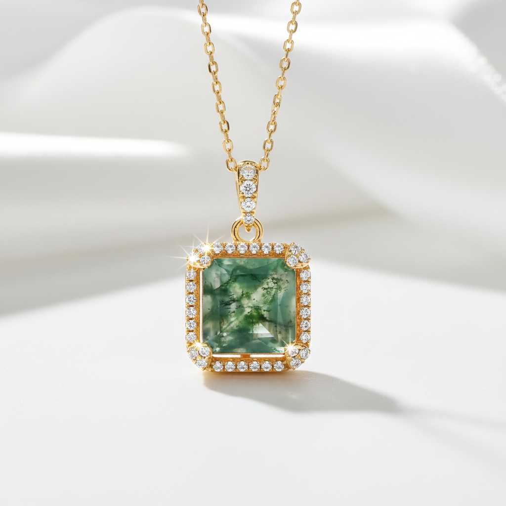 Natural 9*9mm Green Moss Agate Necklace